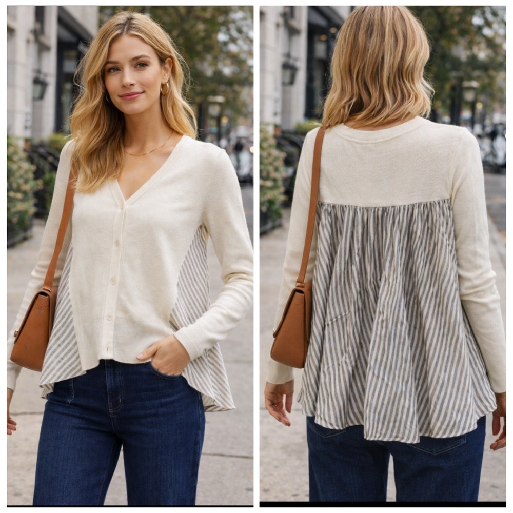 Anthropologie MOTH Cream Ivory Striped Back Mixed Media Swing Cardigan